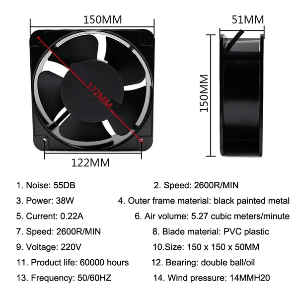 220V 38W 15cm Rulmanlı Elektrikli Dolap Şaftlı Yağlı Rulmanlı Fan - 8