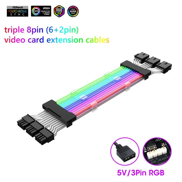 Çift 8 Pinli Ekran Kartı Güç Kablosu Beyaz 5V ARGB Neon Renkli Hat - 4