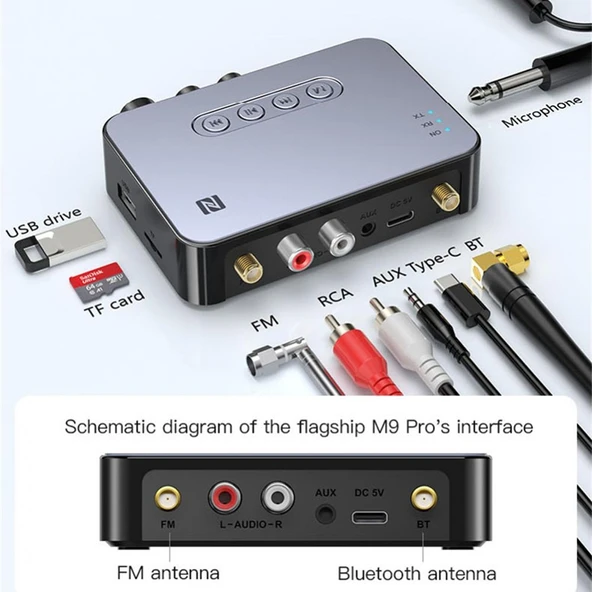M9 Pro Bluetooth 5.1 Alıcı Verici FM Radyo NFC Ses Adaptörü - 5
