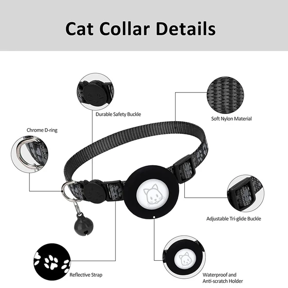 Mor Renkli Pet Kedi Reflektörlü Tasma Zilli Airtag Uyumlu - 4
