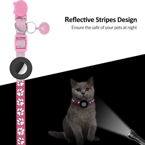 Mor Renkli Pet Kedi Reflektörlü Tasma Zilli Airtag Uyumlu - 5