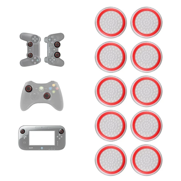 10'lu Oyun Kolu Silikon Parlak Düğme Kapağı Kırmızı Şeffaf Yuvarlak - PS5 PS4 PS3 ONE 360 PRO Series X S Uyumlu