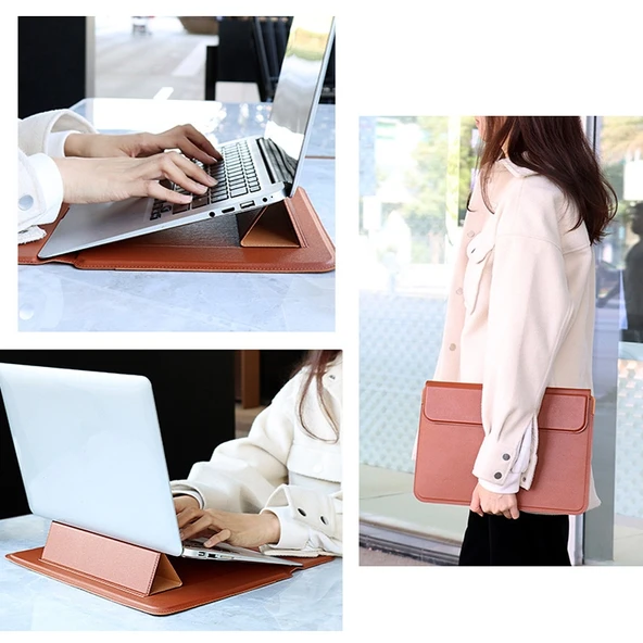 PU08DZ Deri Laptop Kılıfı Stand Fonksiyonlu 13.3 Inç Dana Derisi Sarı - 7