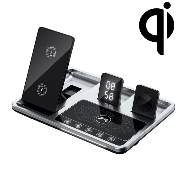 R11 4 in 1 30W Kablosuz Telefon Şarj Cihazı Ortam Işıklı Gri Siyah