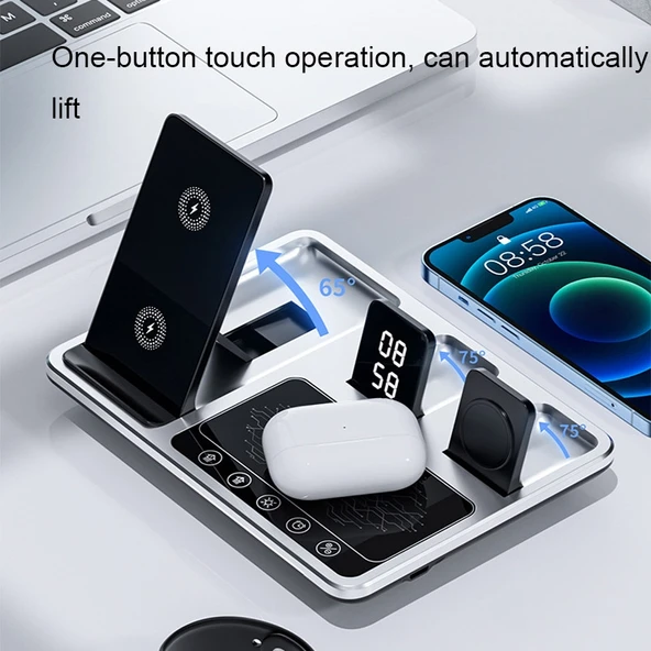 R11 4 in 1 30W Kablosuz Telefon Şarj Cihazı Ortam Işıklı Gri Siyah - 3