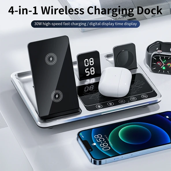 R11 4 in 1 30W Kablosuz Telefon Şarj Cihazı Ortam Işıklı Gri Siyah - 2