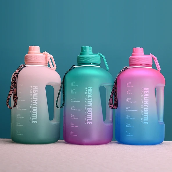 2.2L Kapasiteli Spor ve Fitness Su Şişesi Pipetli Isıya Dayanıklı Plastik Kupa Pembe Yeşil Degrade - 2