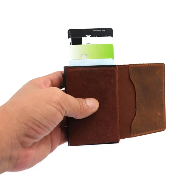 Hırsızlığa Karşı Koyan Konumlandırmalı Erkek Kartlık Mini Cüzdan Deri Koyu Kahverengi - 7