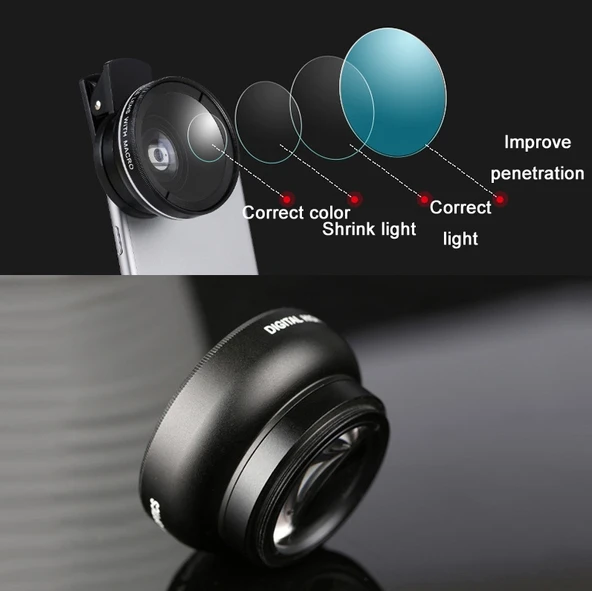 2 Parça 0.45X Ultra Geniş Açı Makro Kombinasyonlu Telefon Dış Lens Klipsi Siyah - 4