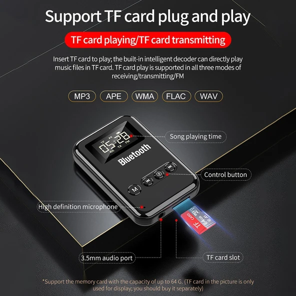 K6 Bluetooth 5.0 Alıcı Verici 2'si 1 Arada Adaptör Bilgisayar Hoparlör Araba FM Siyah - 4