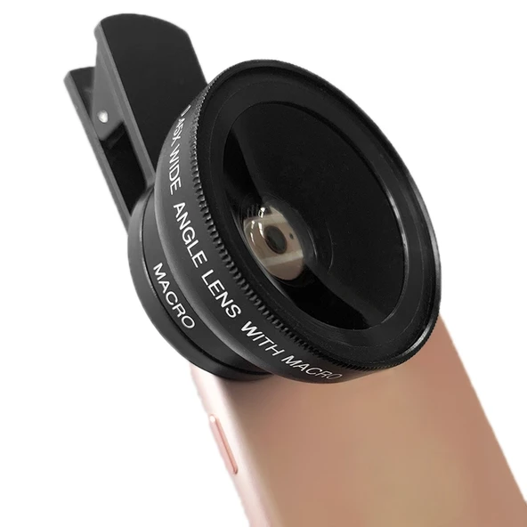 2 Parça 0.45X Ultra Geniş Açı Makro Kombinasyonlu Telefon Dış Lens Klipsi Siyah