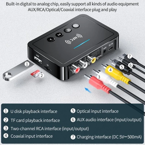 M6 NFC Bluetooth 5.0 Alıcı Verici FM 3ü1 Arada Adaptör Siyah - 7
