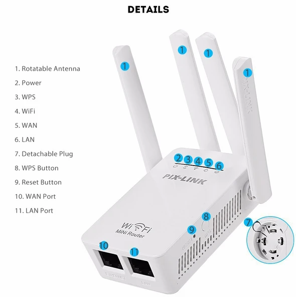 PIX-LINK LV-WR09 300Mbps WiFi Menzil Genişletici Tekrarlayıcı Mini Router UK Priz - 6