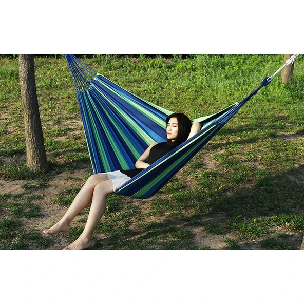 Kalın Kanvas Hamak 260x100 cm Mavi Çizgili Kaymaz Çubuklu Açık Hava Hamak Salıncağı - 6