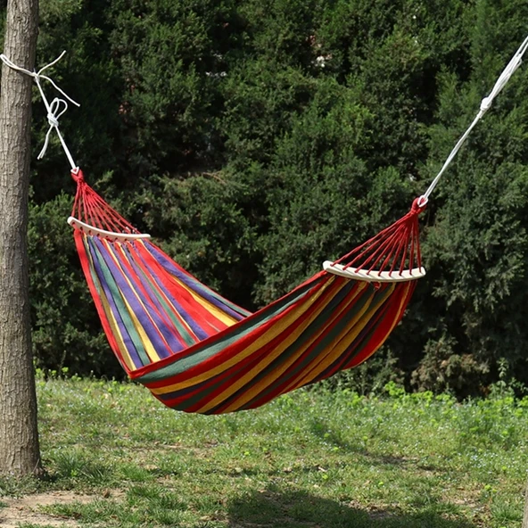Kalın Kanvas Hamak 260x100 cm Çubuklu Kırmızı Çizgili Kaymayı Önleyici Açık Hava Hamak Salıncağı