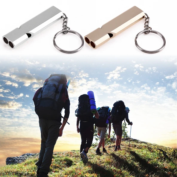 3lü Mini Taşınabilir 120db Çift Borulu Yüksek Desibel Kamp Yürüyüş Hayatta Kalma Düdüğü Anahtarlık Gümüş - 4
