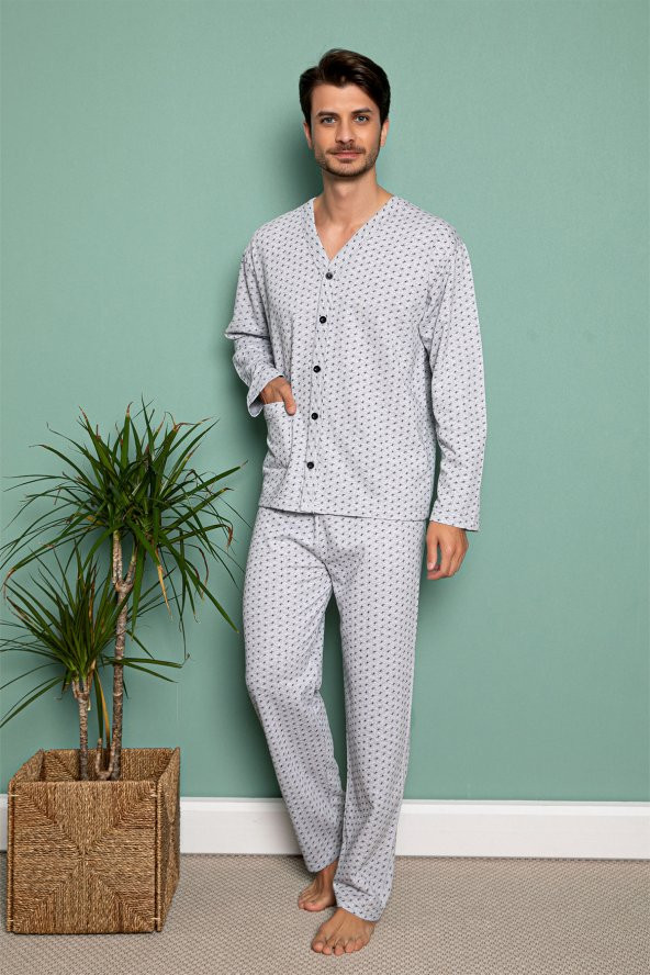 Erkek Pijama Takımı Düğmeli Kışlık Geniş Yakalı