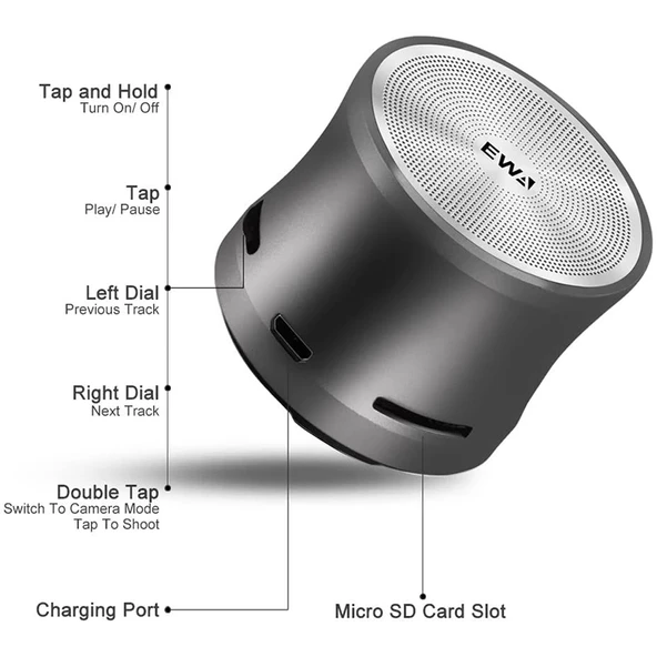 EWA A109M Taşınabilir Bluetooth Hoparlör Siyah Kablosuz Ağır Bas Subwoofer - 4
