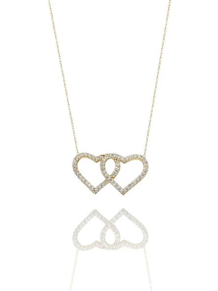 Çift İki Kalp Yan Yana Çok Şık 14 Ayar Altın Kolye ürün görseli