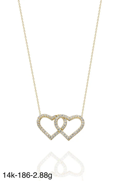 Çift İki Kalp Yan Yana Çok Şık 14 Ayar Altın Kolye - Resim 2