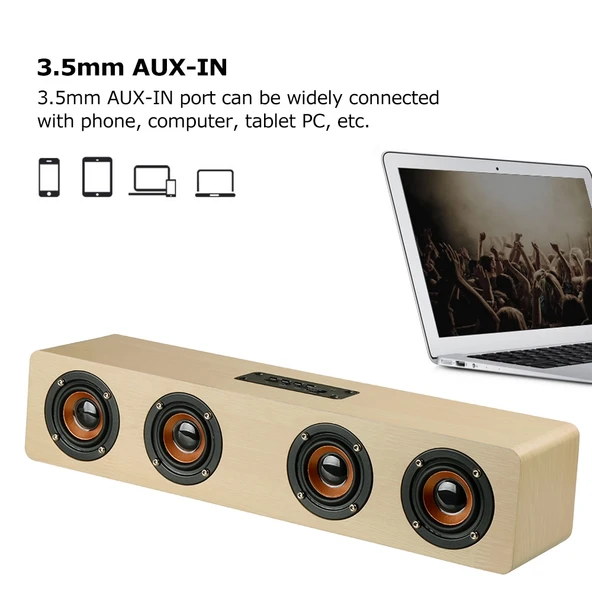 W8 Bluetooth 42 Kirmizi Ahşap Dört Hoparlörlü Süper Bas Subwoofer Mikrofonlu TF Kart Destekli - 6