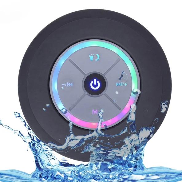 BTS 09 Kablosuz Bluetooth Hoparlör Siyah Su Geçirmez Led FM Radyo Subwoofer Mini Duş Hoparlörü