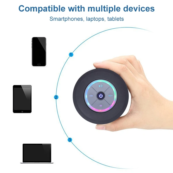 BTS 09 Kablosuz Bluetooth Hoparlör Beyaz Su Geçirmez Led FM Radyo Subwoofer Mini Duş Hoparlörü - 8