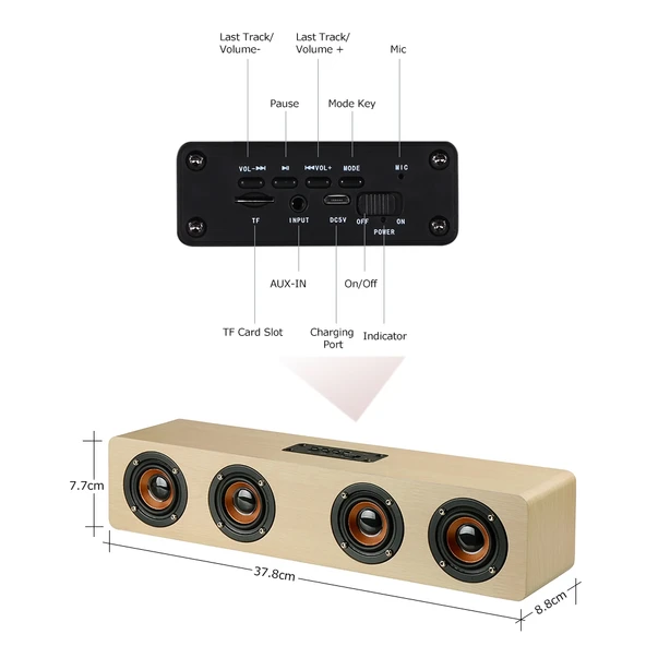 W8 Bluetooth 42 Kirmizi Ahşap Dört Hoparlörlü Süper Bas Subwoofer Mikrofonlu TF Kart Destekli - 5