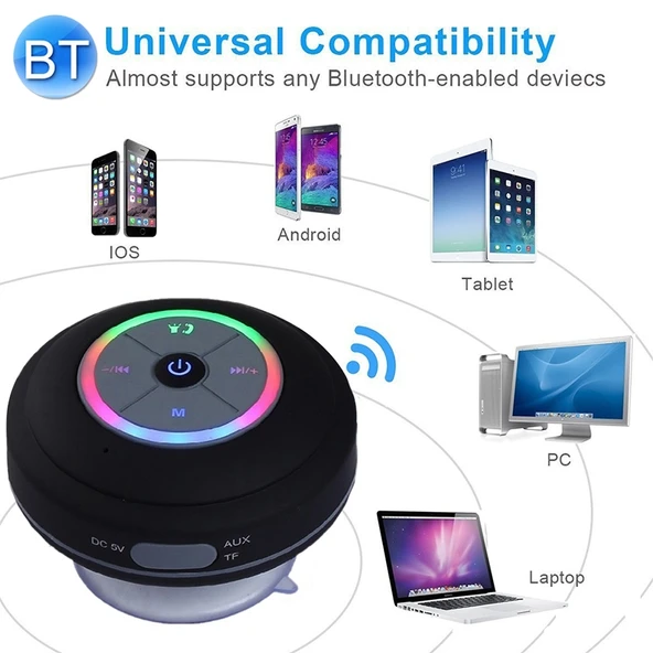 BTS 09 Kablosuz Bluetooth Hoparlör Beyaz Su Geçirmez Led FM Radyo Subwoofer Mini Duş Hoparlörü - 10