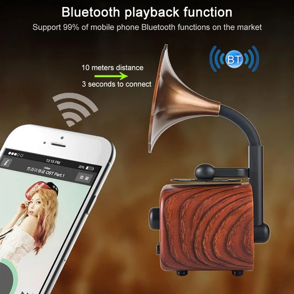 Retro Ahşap Taşınabilir Mini Bluetooth Kablosuz Hoparlör Kahverengi - 5