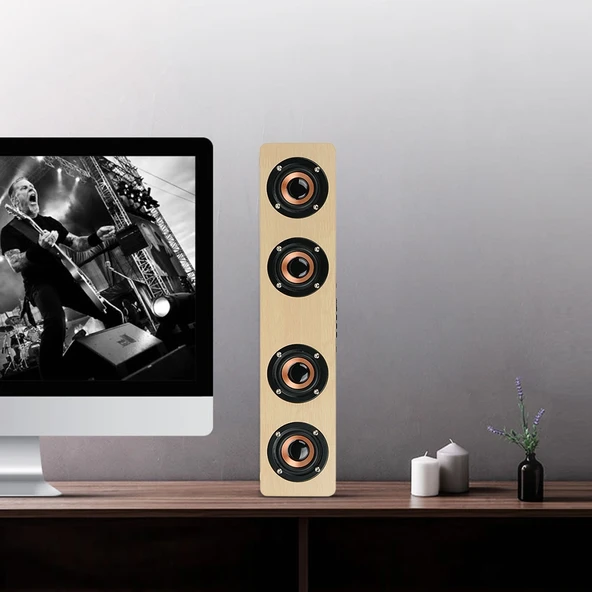 W8 Bluetooth 42 Kirmizi Ahşap Dört Hoparlörlü Süper Bas Subwoofer Mikrofonlu TF Kart Destekli - 7