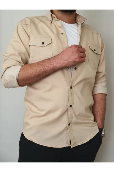 Tomiross Kıvanç Bej Erkek Rahat Esnek Slim Fit Kalıp Pamuklu Kot Gömlek KIVANC-1927 - 2