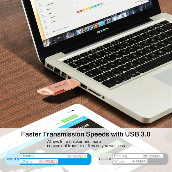 Richwell DXZ128 128GB 3 in 1 USB Flash Bellek Siyah Micro USB 8 Pin USB 30 Uyumlu iPhone ve iOS - 6