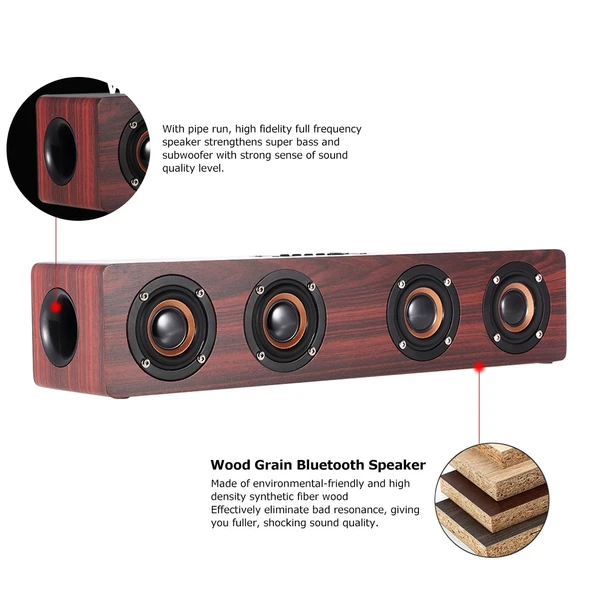 W8 Bluetooth 42 Kirmizi Ahşap Dört Hoparlörlü Süper Bas Subwoofer Mikrofonlu TF Kart Destekli - 3