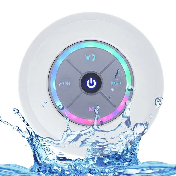 BTS 09 Kablosuz Bluetooth Hoparlör Beyaz Su Geçirmez Led FM Radyo Subwoofer Mini Duş Hoparlörü