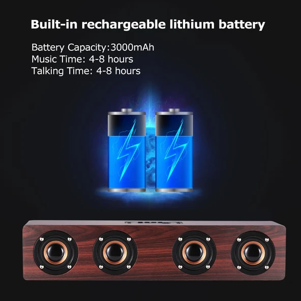 W8 Bluetooth 42 Kirmizi Ahşap Dört Hoparlörlü Süper Bas Subwoofer Mikrofonlu TF Kart Destekli - 9