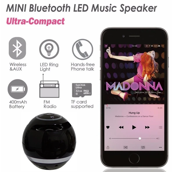 A18 Top Bluetooth Hoparlör LED Işıklı Taşınabilir Kablosuz Mini Hoparlör Siyah - 10