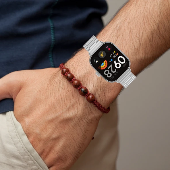 Xiaomi Redmi Watch 4 ve 5 Uyumlu Gümüş Renk Paslanmaz Çelik Metal Saat Kordonu Üç Boncuklu - 9