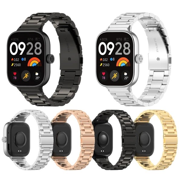 Xiaomi Redmi Watch 4 ve 5 Uyumlu Gümüş Renk Paslanmaz Çelik Metal Saat Kordonu Üç Boncuklu - 5