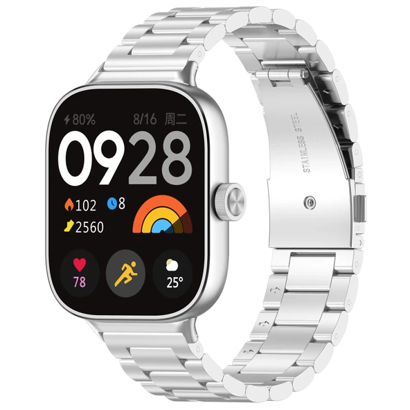 Xiaomi Redmi Watch 4 ve 5 Uyumlu Gümüş Renk Paslanmaz Çelik Metal Saat Kordonu Üç Boncuklu