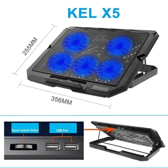 X5 Oyun ve İş Dizüstü Soğutucu Standı 5 Fanlı 7 Kademeli Yükseklik Ayarlı Kırmızı - 5