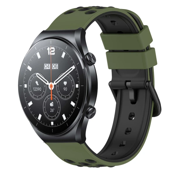 Xiaomi MI Watch S1 22mm İki Renkli Gözenekli Silikon Saat Kayışı Ordu Yeşili Siyah