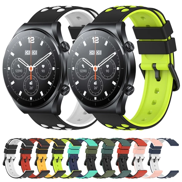 Xiaomi MI Watch S1 22mm İki Renkli Gözenekli Silikon Saat Kayışı Ordu Yeşili Siyah - 3