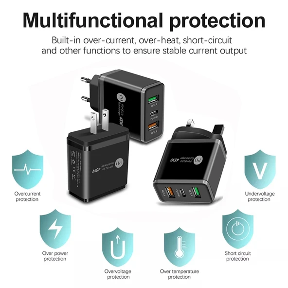 45W PD3.0 Hızlı Şarj Cihazı 2x QC3.0 USB Çoklu Port Siyah EU Fiş - 5