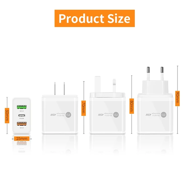 45W PD3.0 Hızlı Şarj Cihazı 2x QC3.0 USB Çoklu Port Siyah EU Fiş - 6