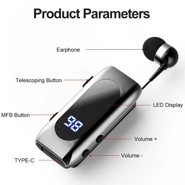 K55 Geri Çekilebilir Kablo Bluetooth 52 Akıllı Kulakiçi Spor Kulaklık Siyah - 4