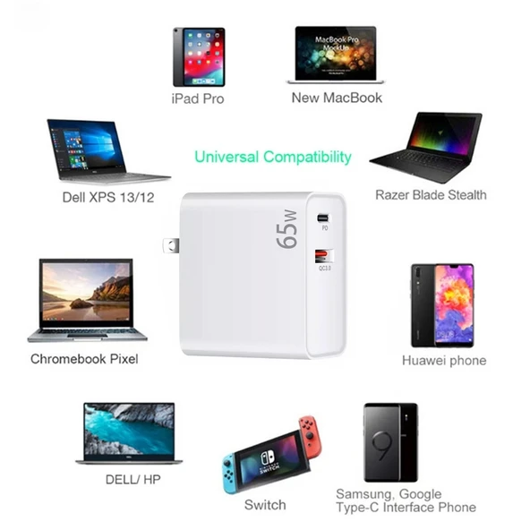 PD 65W USB C Laptop Şarj Adaptörü ve 2m USB C Veri Kablosu Seti Siyah EU AU US UK Fiş - 7