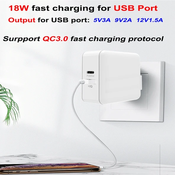 PD 65W USB C Laptop Şarj Adaptörü ve 2m USB C Veri Kablosu Seti Siyah EU AU US UK Fiş - 6