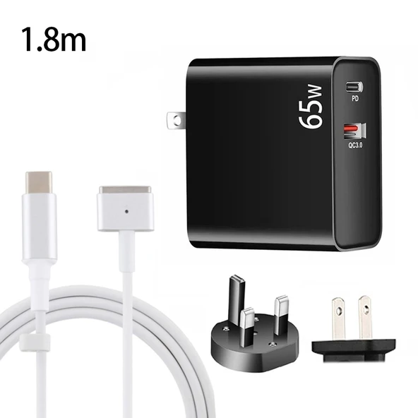 PD 65W USB C Laptop Şarj Adaptörü Siyah UK US Fişli 1.8m USB C MagSafe 2 T Kablo