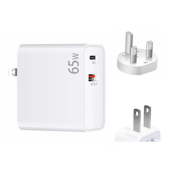 65W PD USB C ve QC3 0 USB Dizüstü Şarj Adaptörü Beyaz UK ve US Fiş